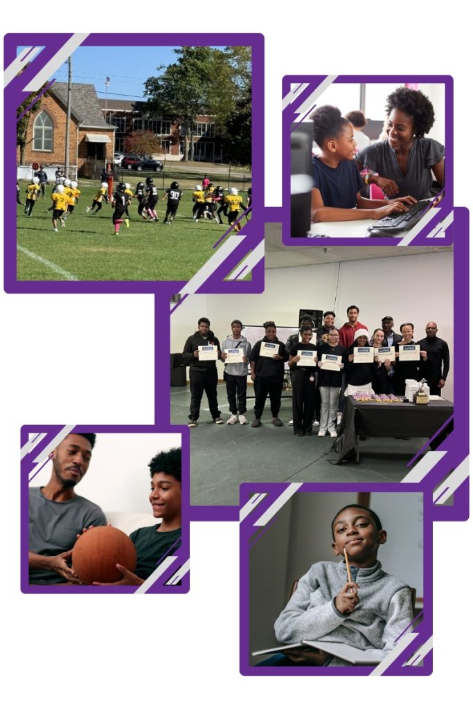 Collage: youth sports, mentoring, group with certificates, father and son with basketball, child thinking with pencil.