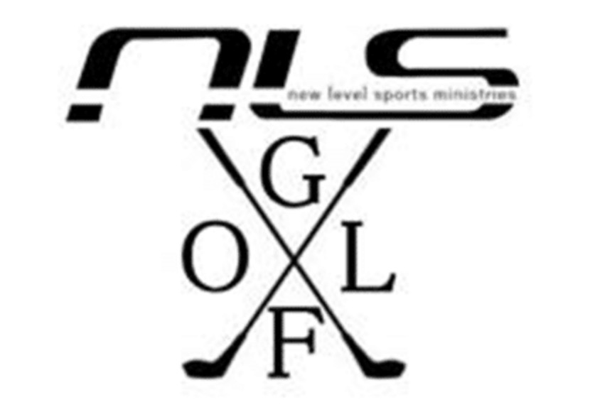 Logo with "nls new level sports ministries" and crossed golf clubs spelling "GOLF" between them.