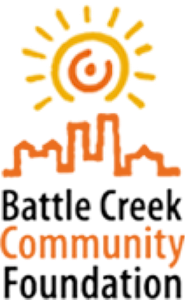 Orange city skyline with a sun above and the word "Community" written below in orange letters.