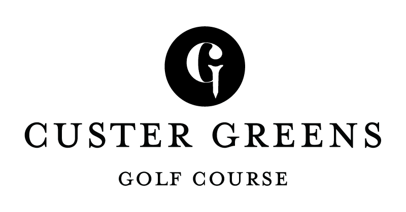 Logo for Custer Greens Golf Course with a stylized "G" in a black circle above the course name.