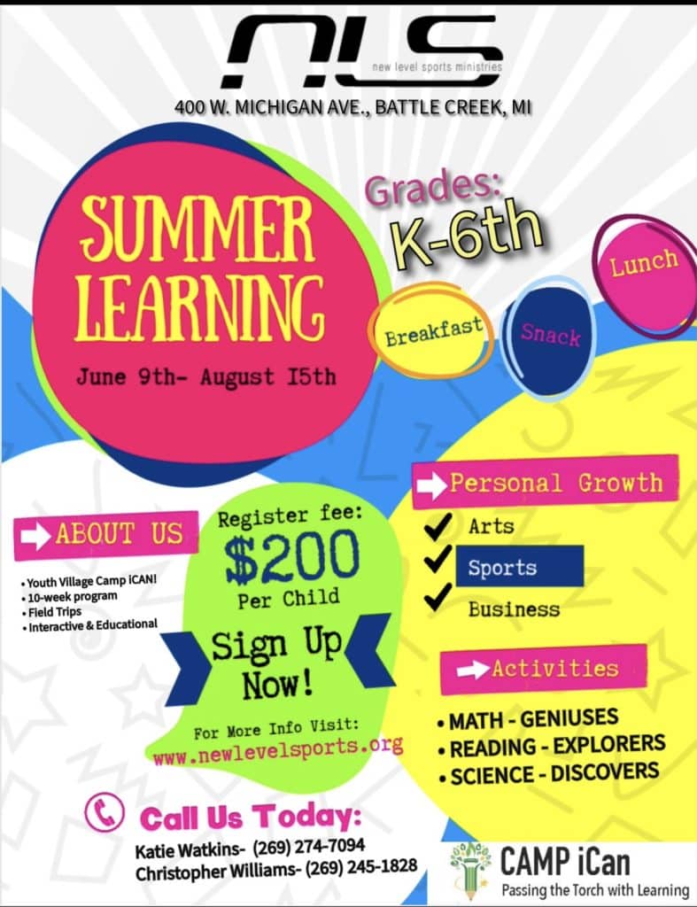 Colorful summer learning camp flyer for kids grades K-6, with activities, dates, cost, and contact info shown.