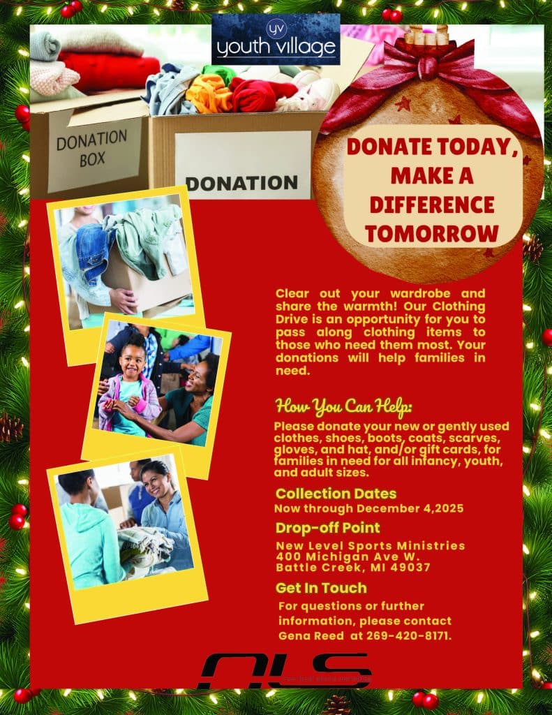 Festive donation drive flyer with images of people donating clothes and text encouraging clothing donations.