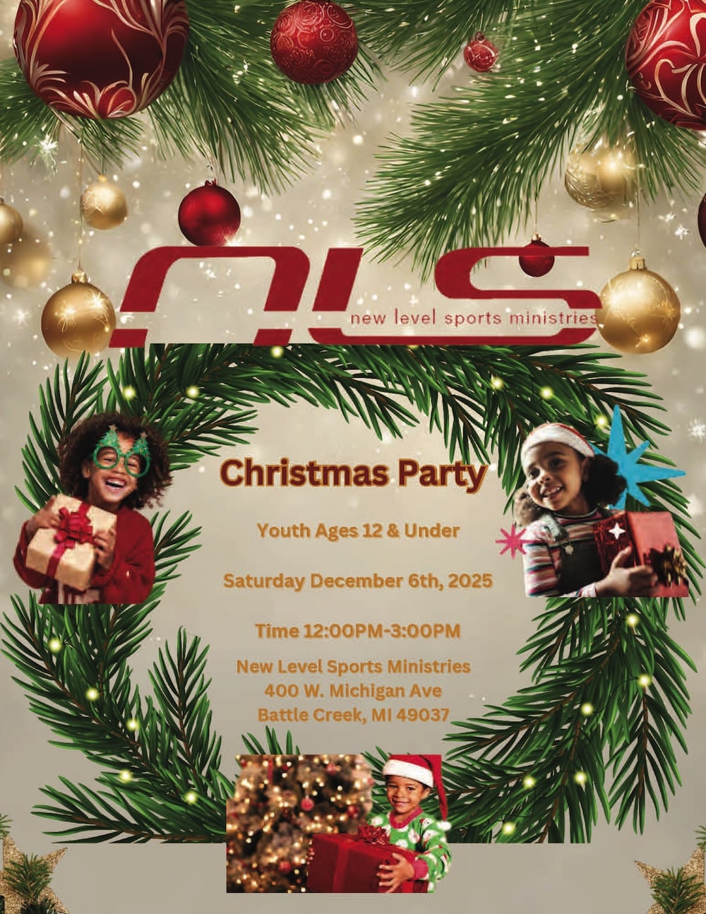 Festive Christmas party flyer with kids, presents, and event details on a holiday-themed background.