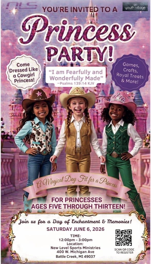 Four girls dressed as princesses and cowgirls smile at a party invitation with pink and purple decorations and text.