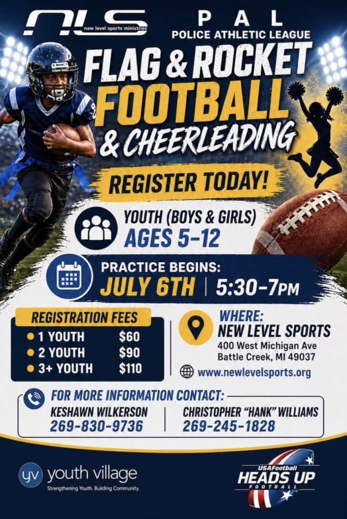 Flyer for PAL Flag & Rocket Football & Cheerleading, ages 5–12, practice starts July 6, registration info shown.